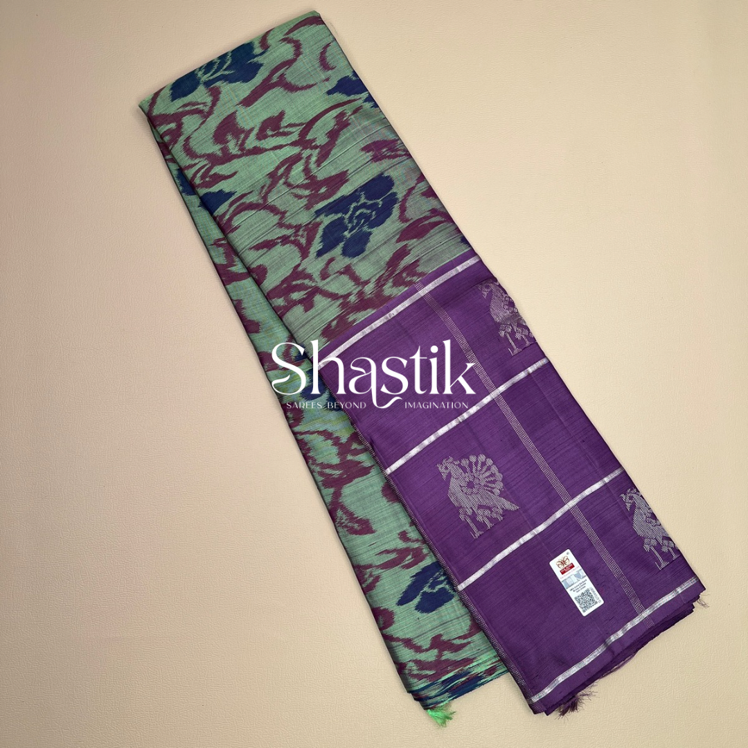 Fusion of Art Ikkat and Kalamkari contemporary silk saree