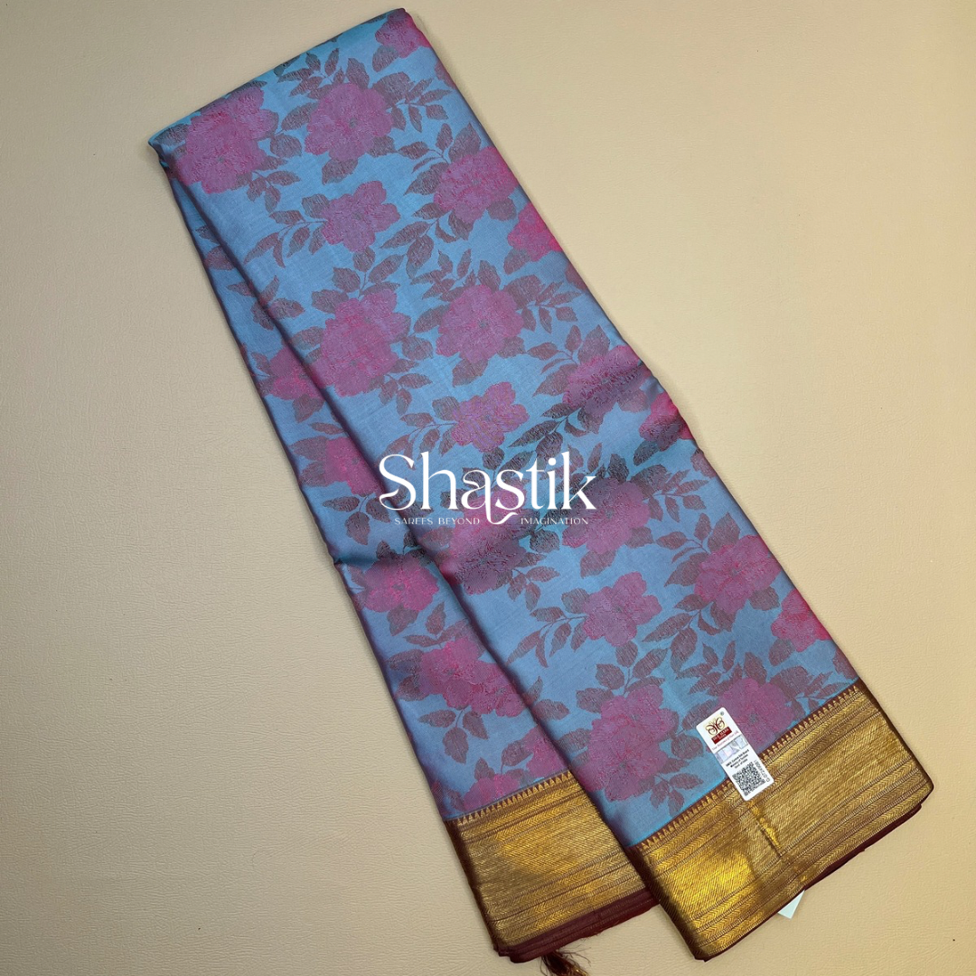 Cherry roses golden glow contemporary silk saree in blue