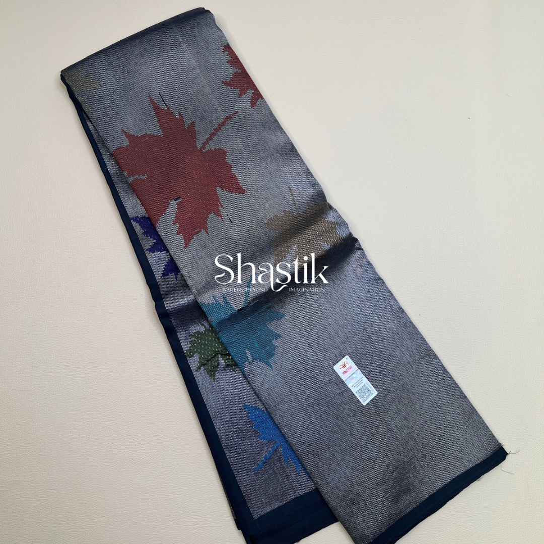 Yin - Yang Silk Saree with Maple Leaves in black and Silver