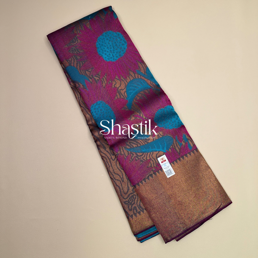Sunflower blooms Unconventional Wedding Silk Saree in Purple & Blue