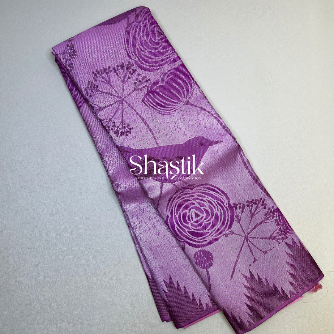 Garden Sunbirds contemporary silk saree in silver and dark plum