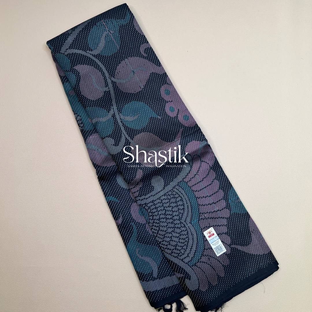 Kalamkari Art Silk Saree in Black and silver