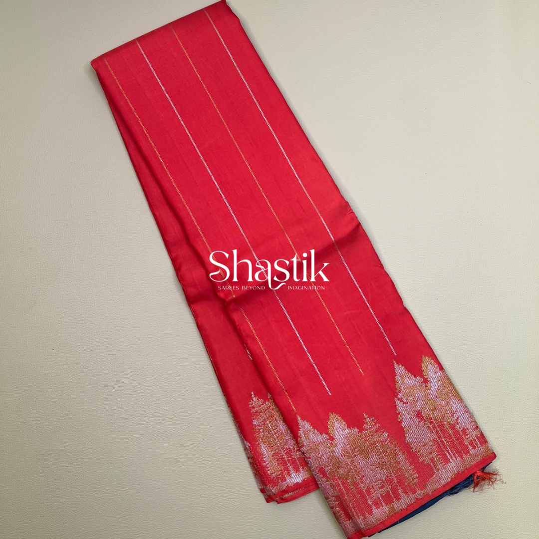 The Pine tree Forest Unconventional silk saree in Scarlet Orange