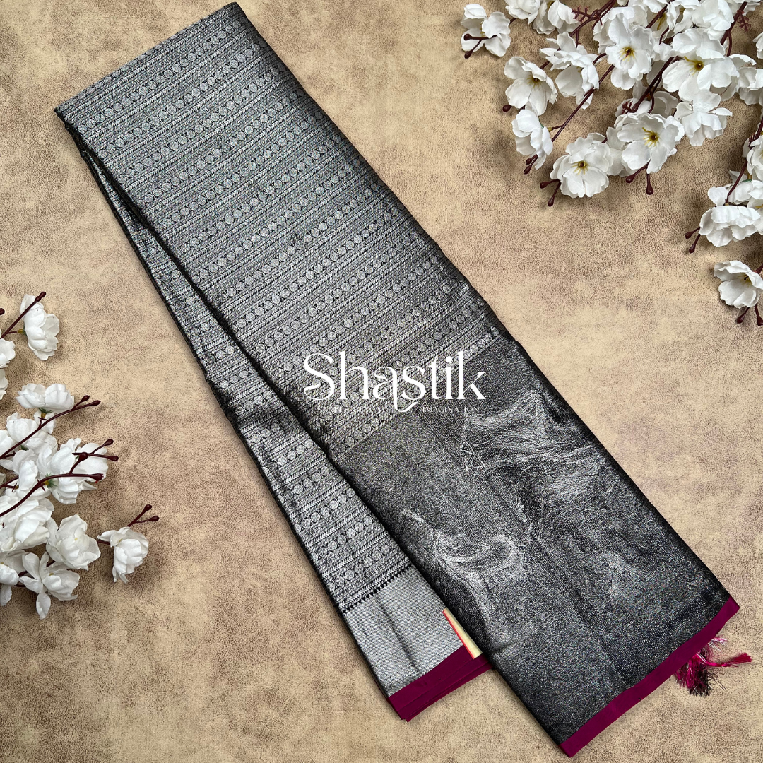 Black Pure Silk Saree with Silver Zari for Weddings