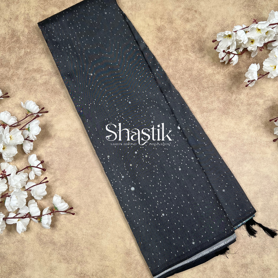 Black Silk Saree with Silver Zari Galaxy Pallu