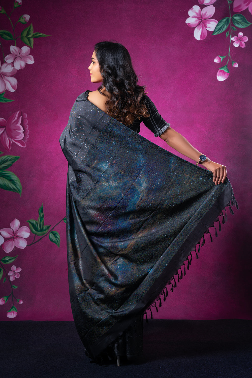 Black Silk Saree with Silver Zari Galaxy Pallu