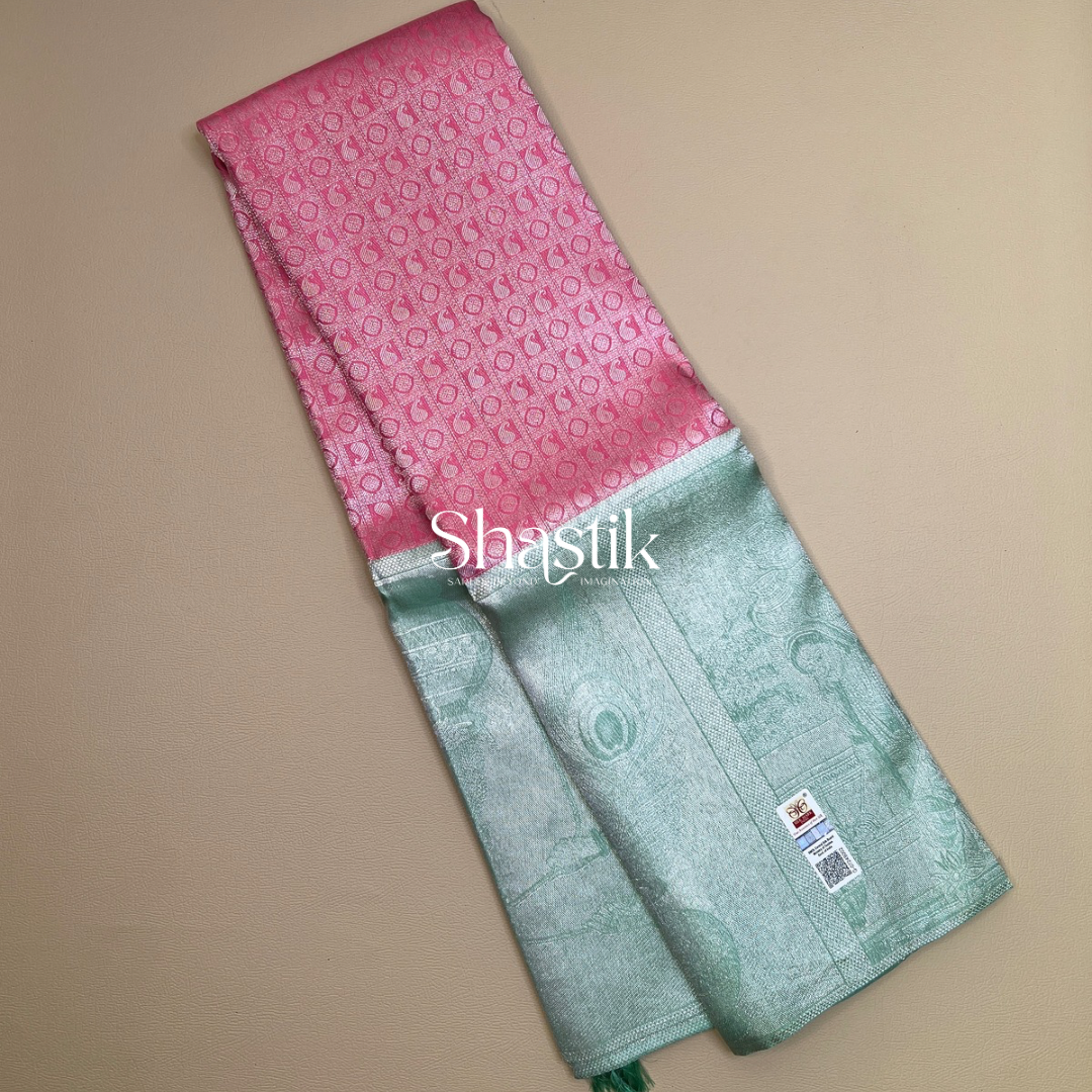 The Radha Krishna Silk Saree in watermelon pink and silver