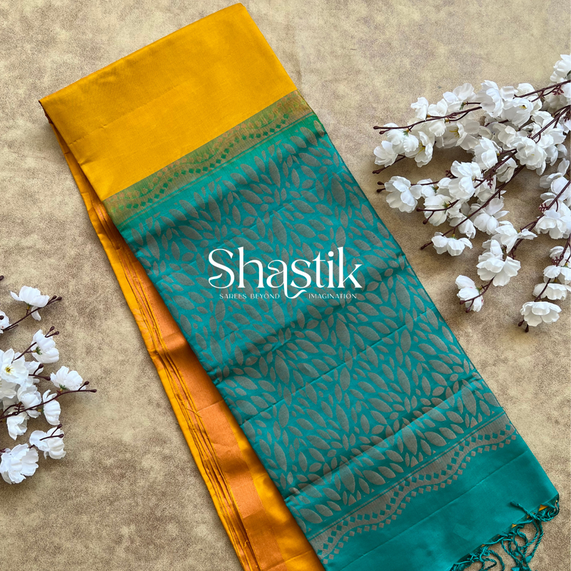 Soft silk saree in mustard yellow and blue