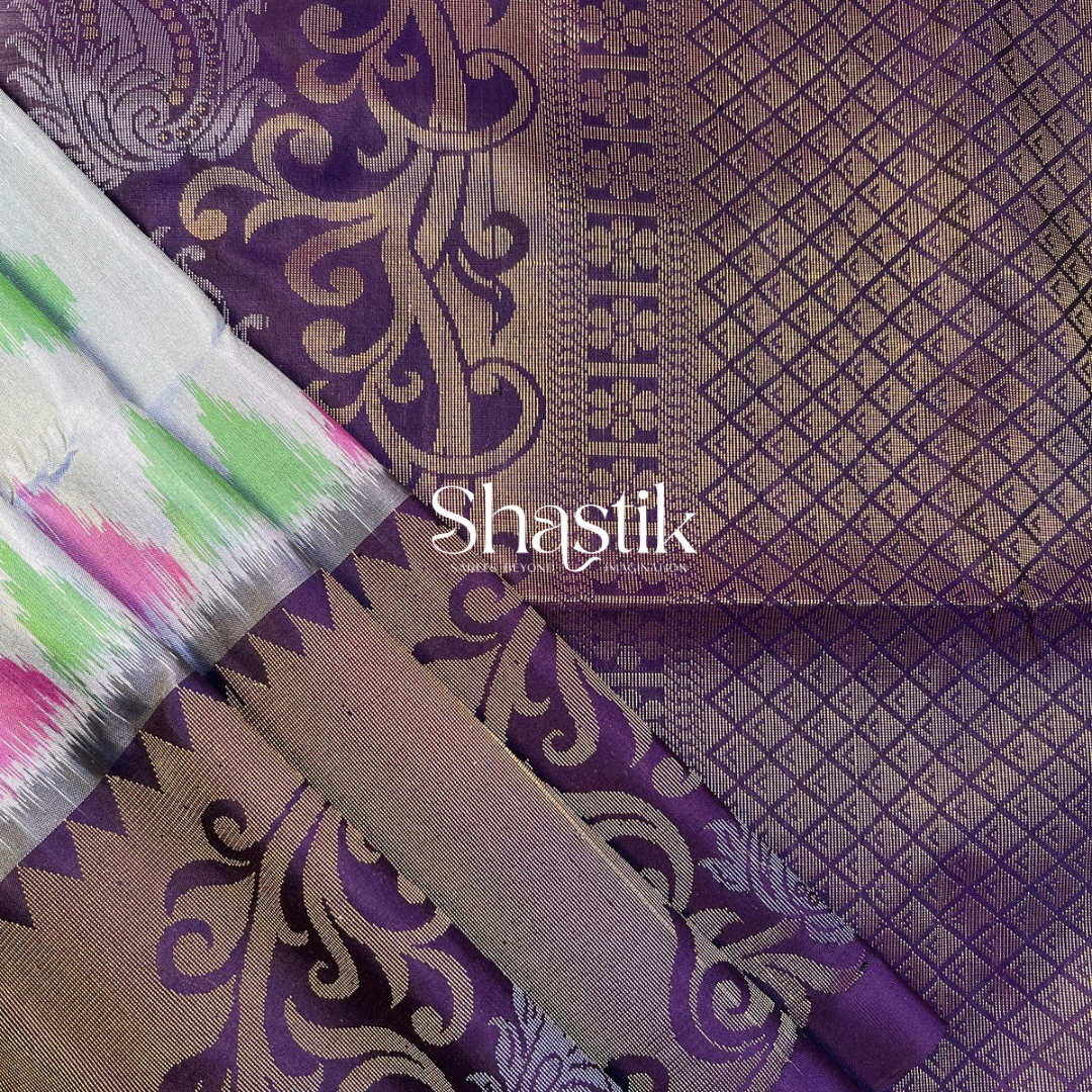 Fusion of art Ikkat weave handloom soft silk saree in ash blue