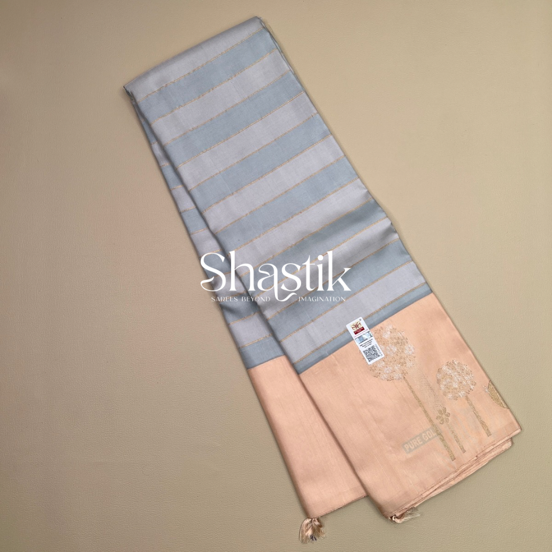 The Chirping birds silhouette silk saree in blue and beige