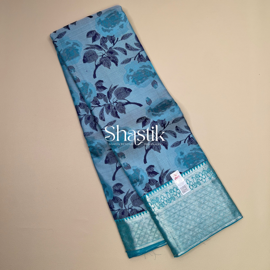 Thornless Roses Contemporary silk saree in blue palette