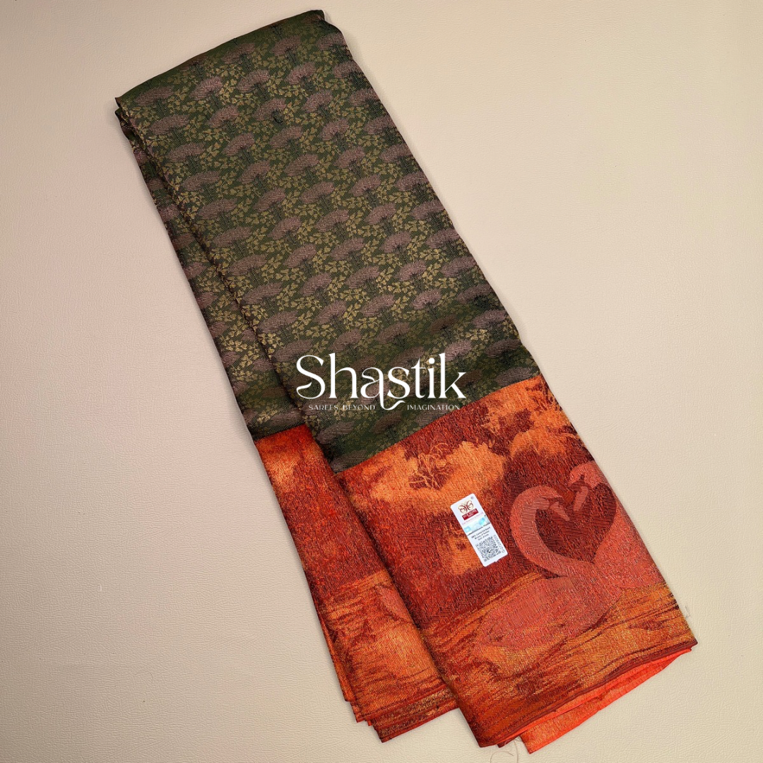 Embrace of Autumn Swans in the lake contemporary silk saree