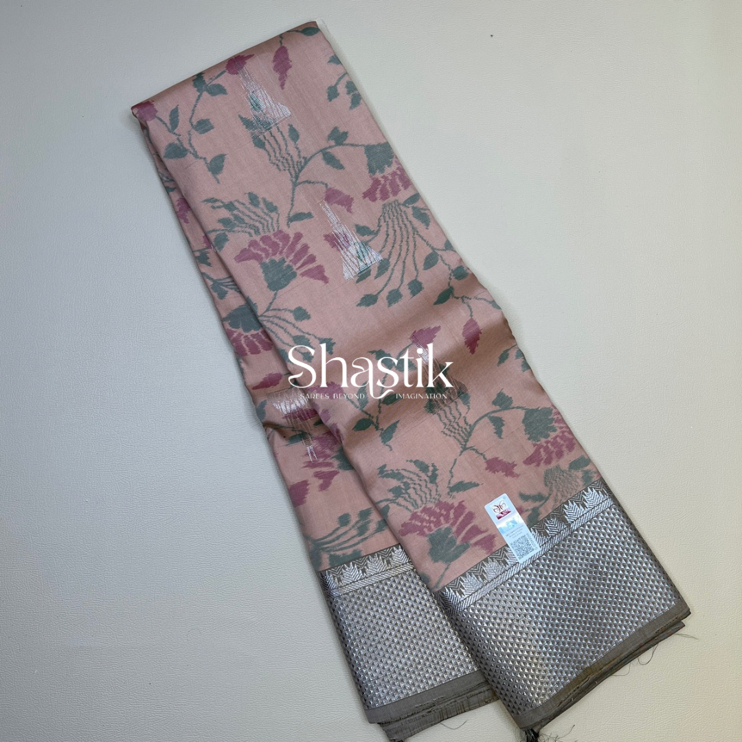 Ikkat Contemporary Silk Saree with Temple silhouette in Light Coral