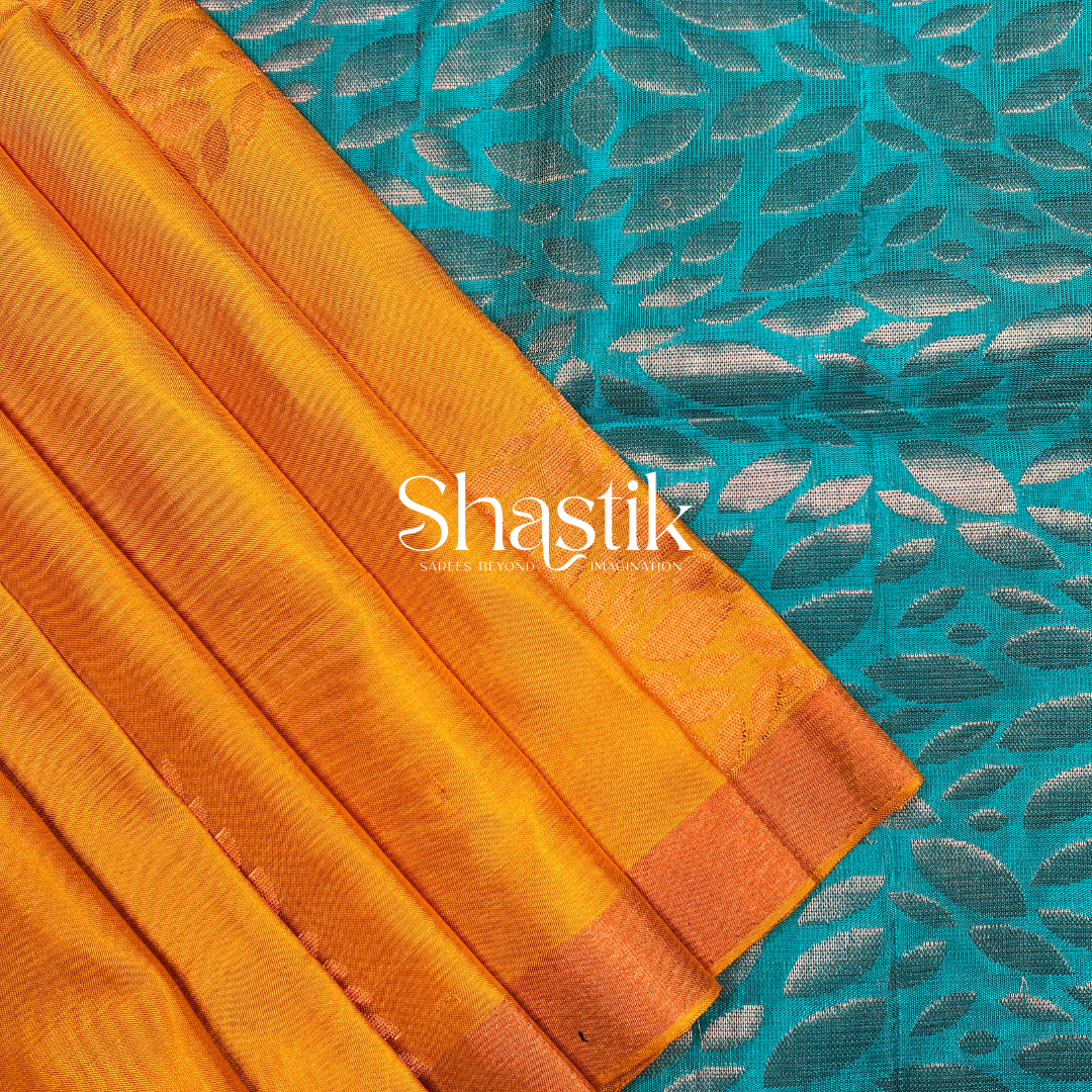 Soft silk saree in mustard yellow and blue