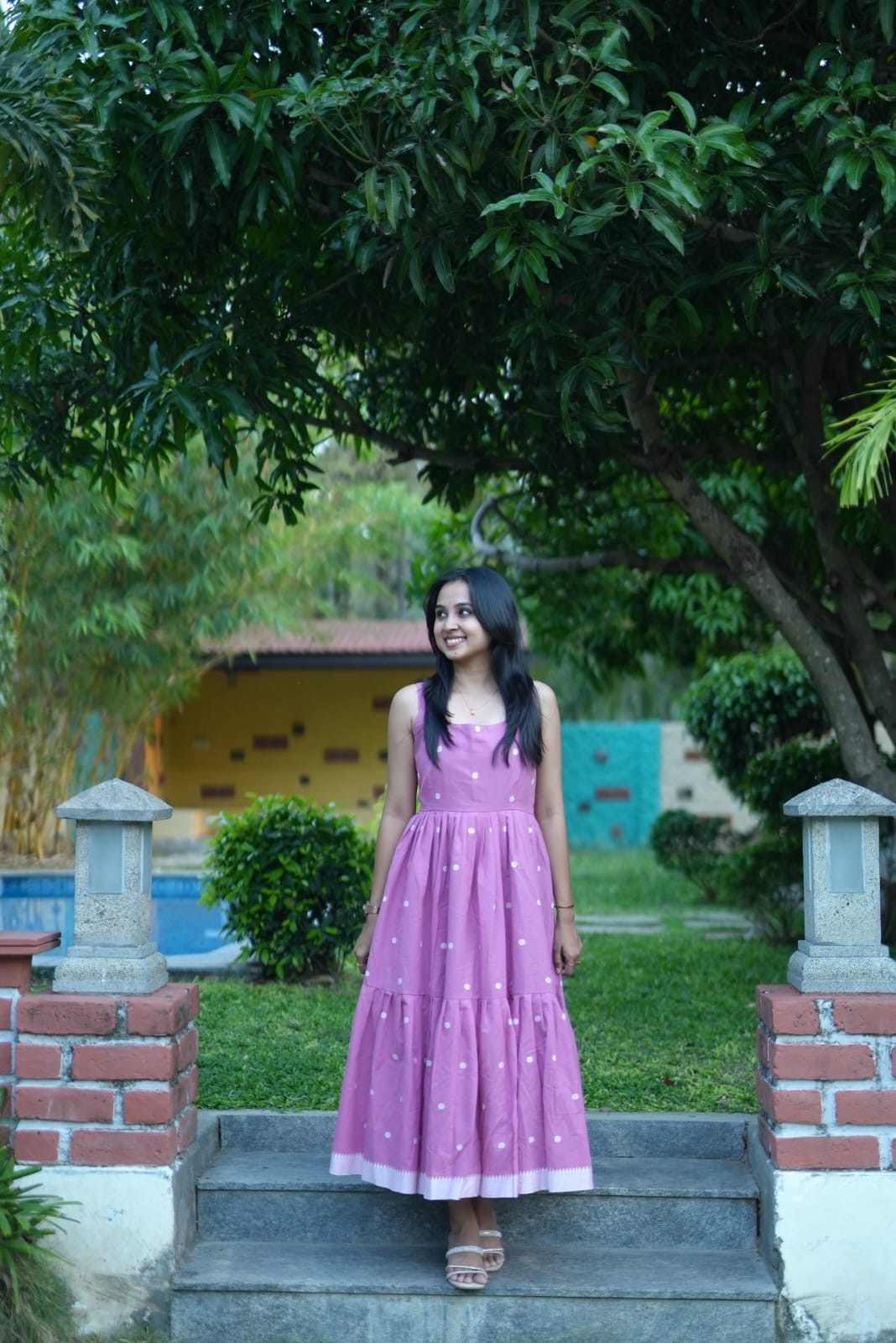 Pink & white handloom cotton tiered maxi