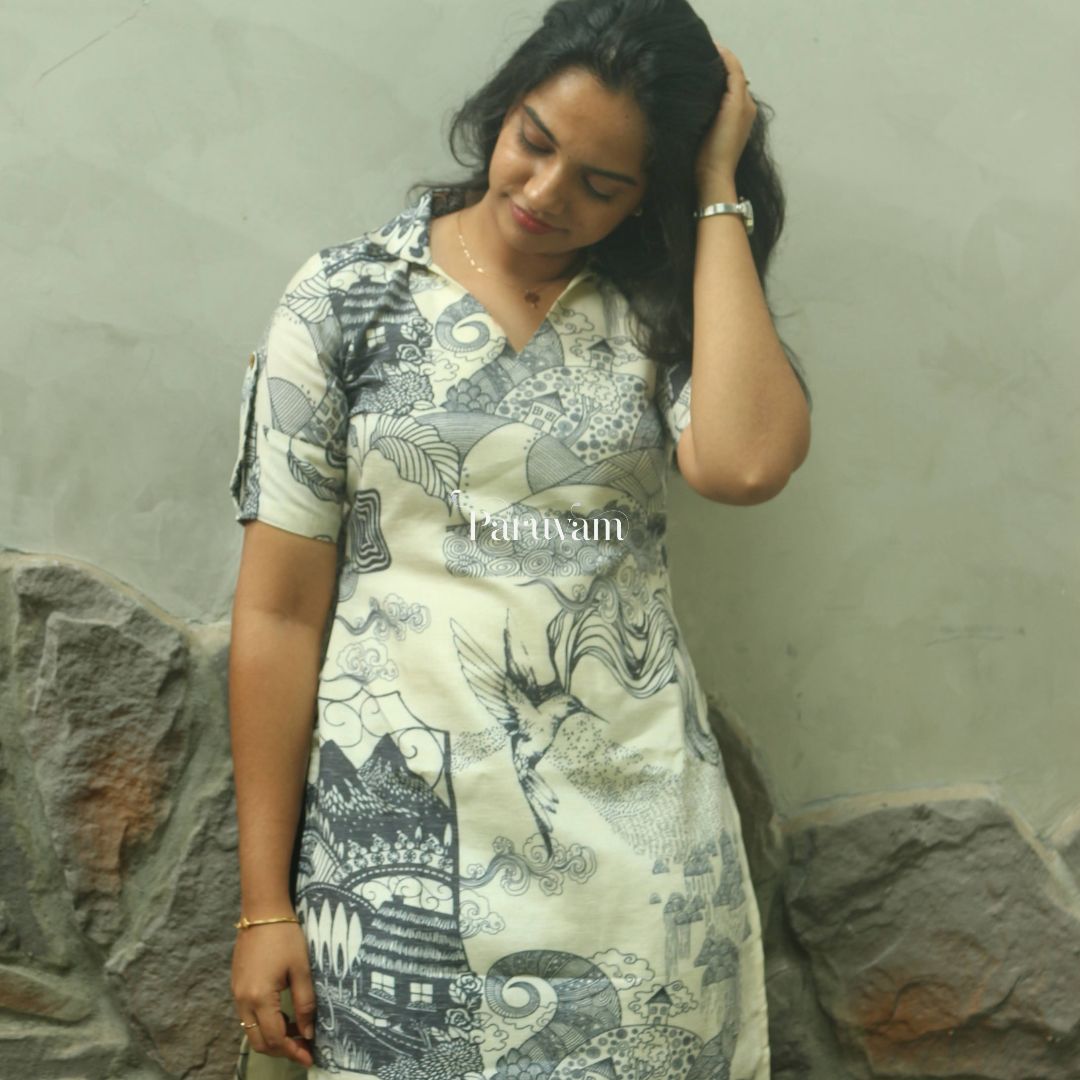 Abstract black hole zari linen kurti in cream