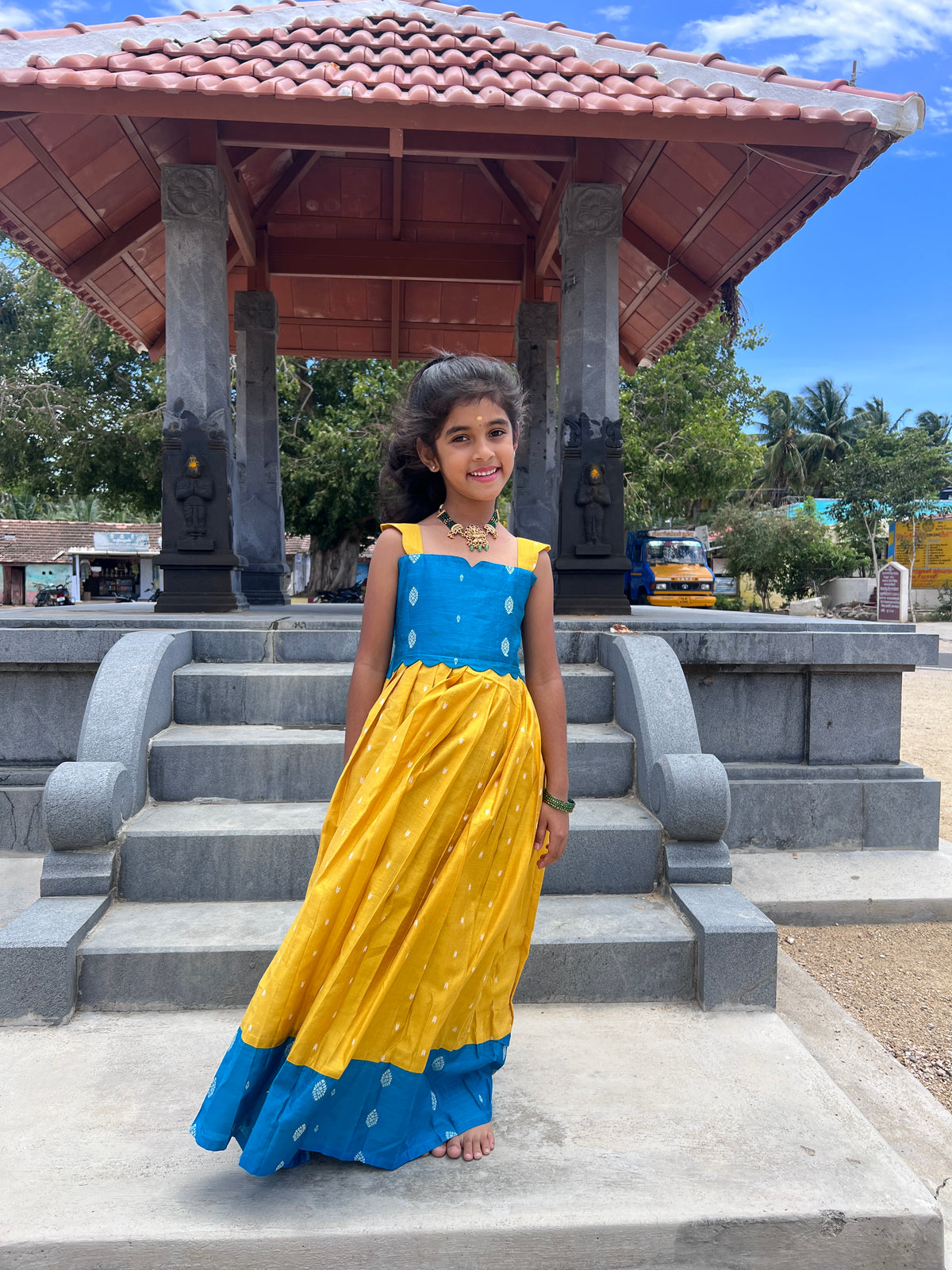 Manjal - Blue & Yellow Kids Raw Silk Full Frock