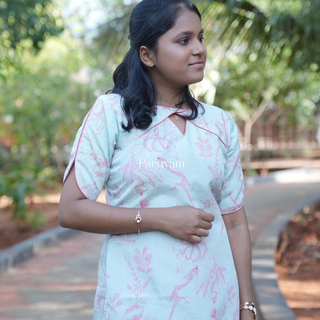 Birds on the branch zari linen kurti on pista green