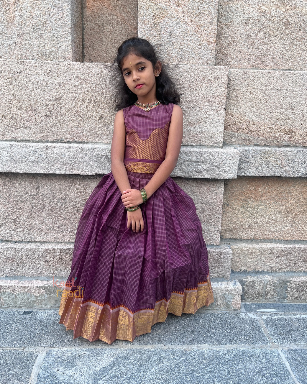 Podikattam - Magenta Checks Cotton Skirt Set