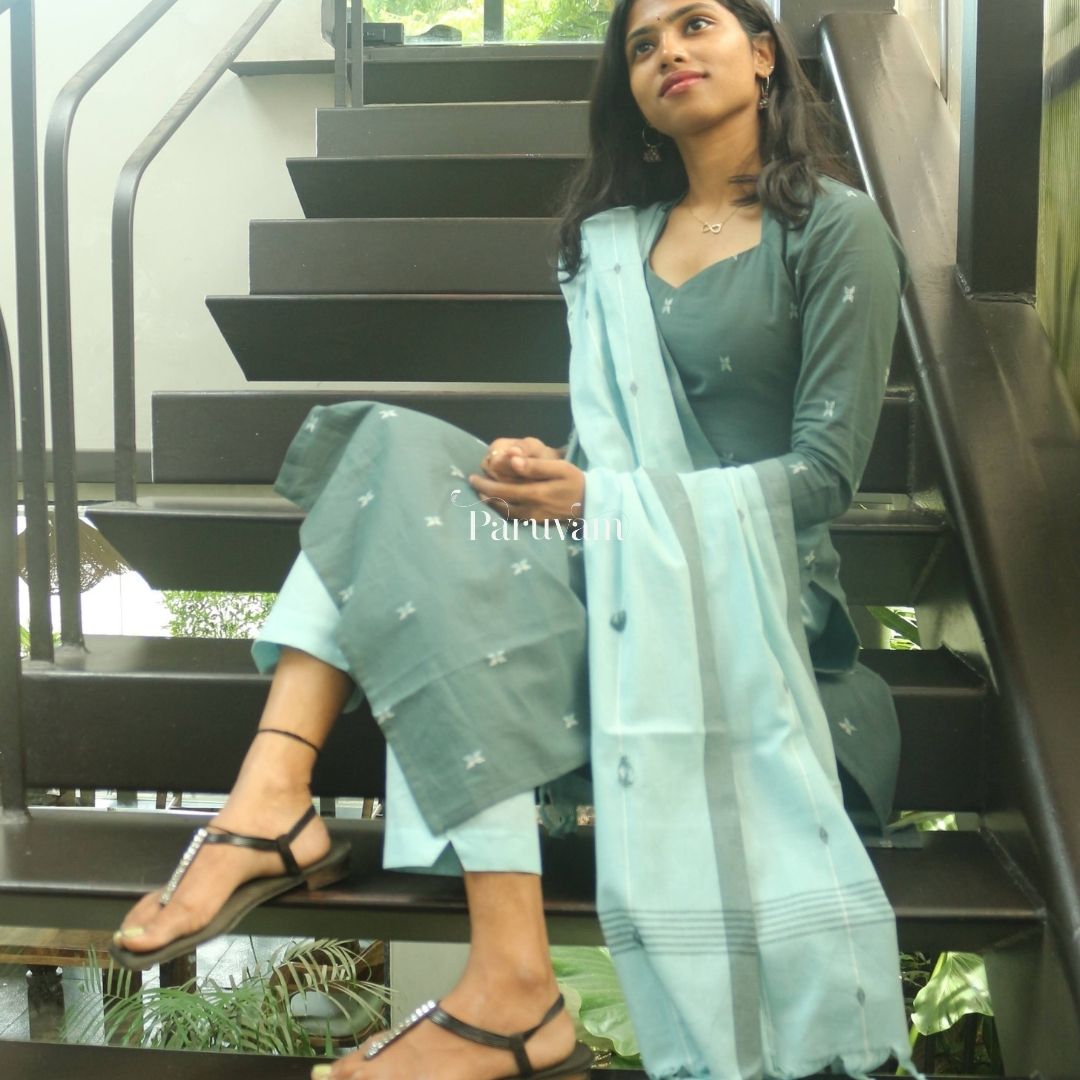 Green & powder blue cotton salwar suit