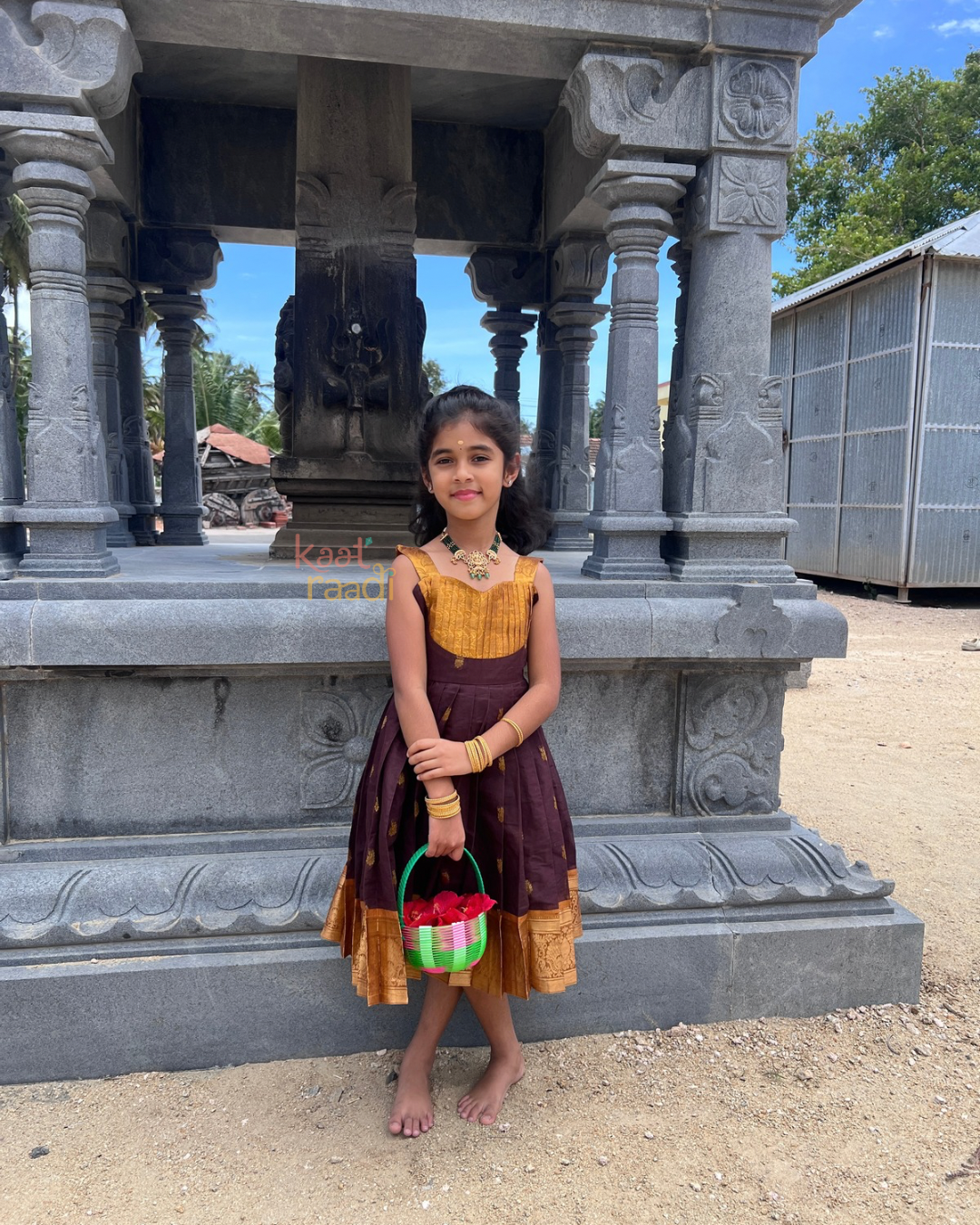 Kaapi - Mustard & Brown Cotton Zari Butta Frock