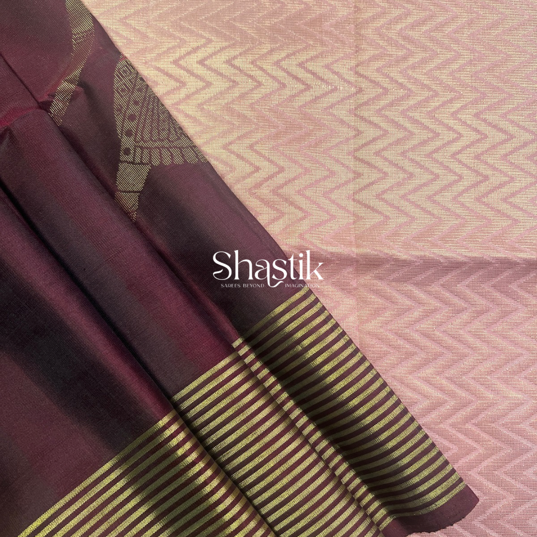 The Nattiyam - a handwoven soft silk saree in Chocolate brown and Salmon pink