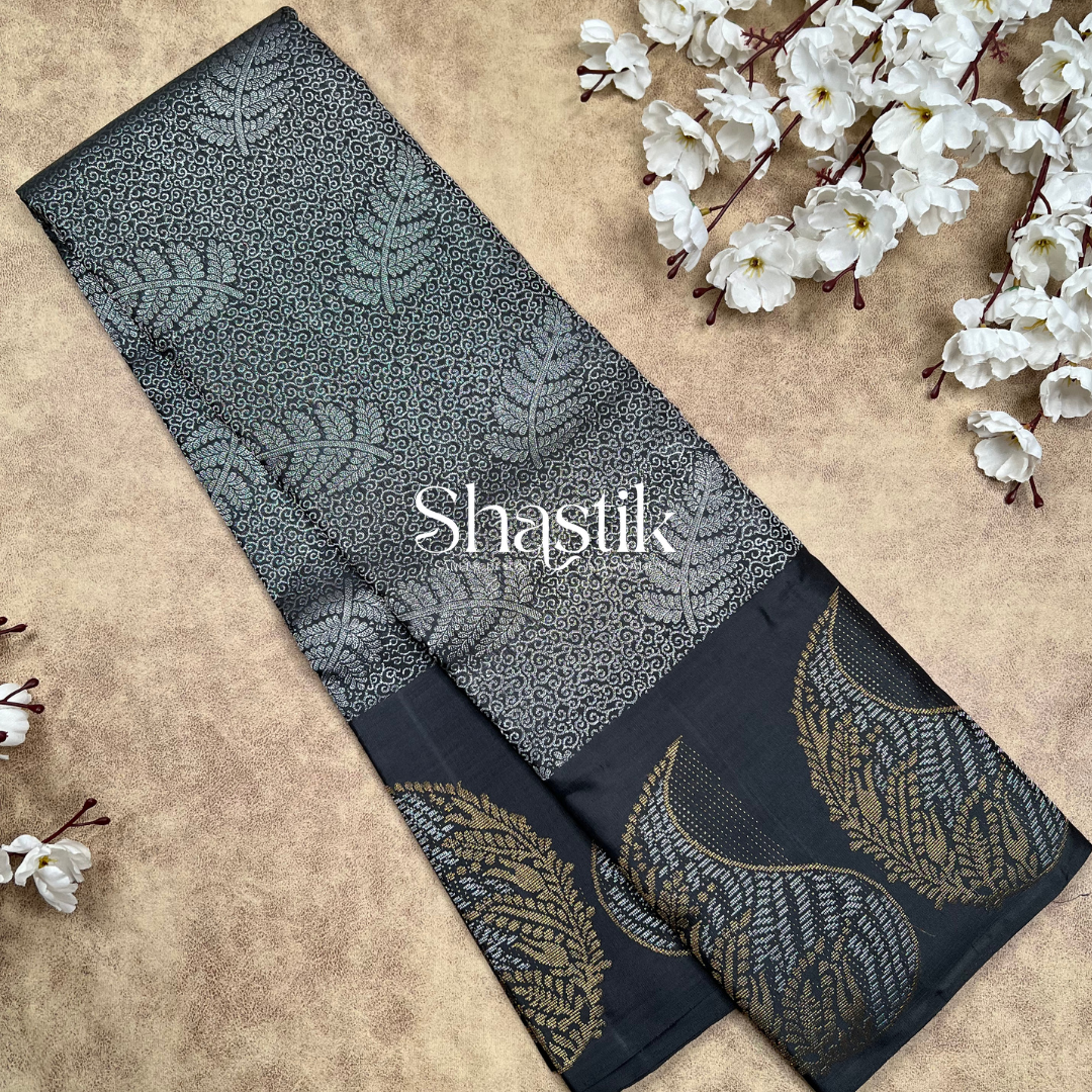 Wavy silk saree with ferns in Ash grey and silver