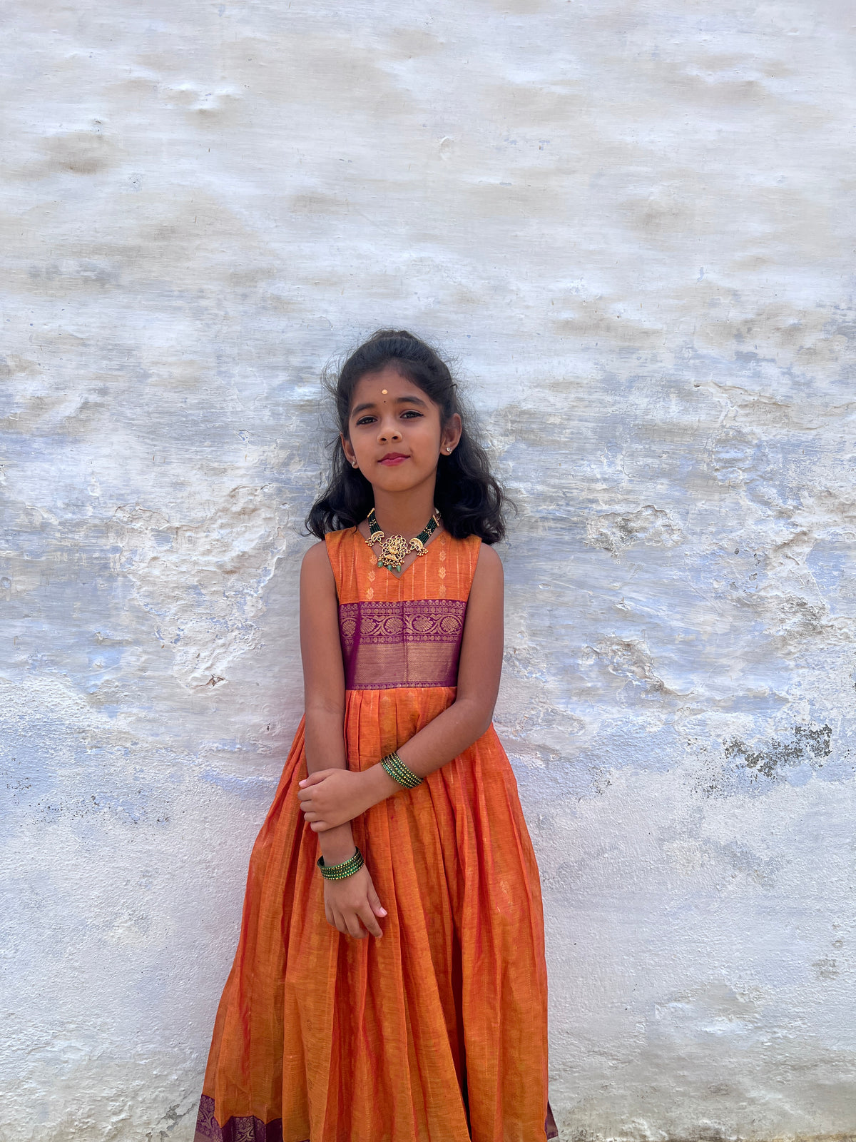Sudar - Orange & Purple Golden Zari Cotton Frock