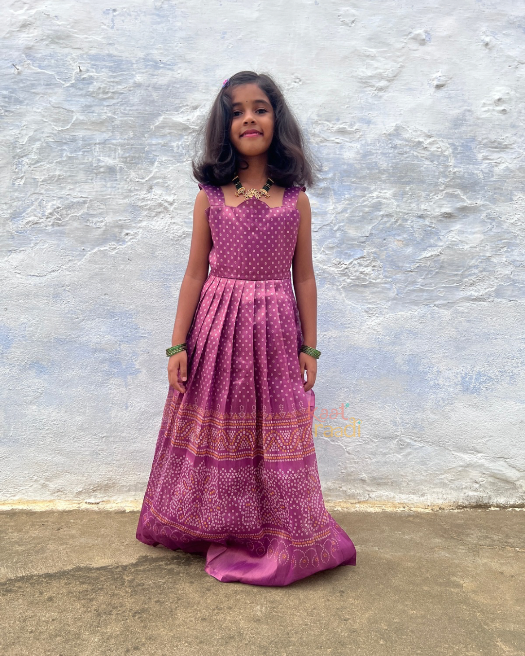 Bandhini - Onion Pink Kids Tissue Bandhani Print Full Frock