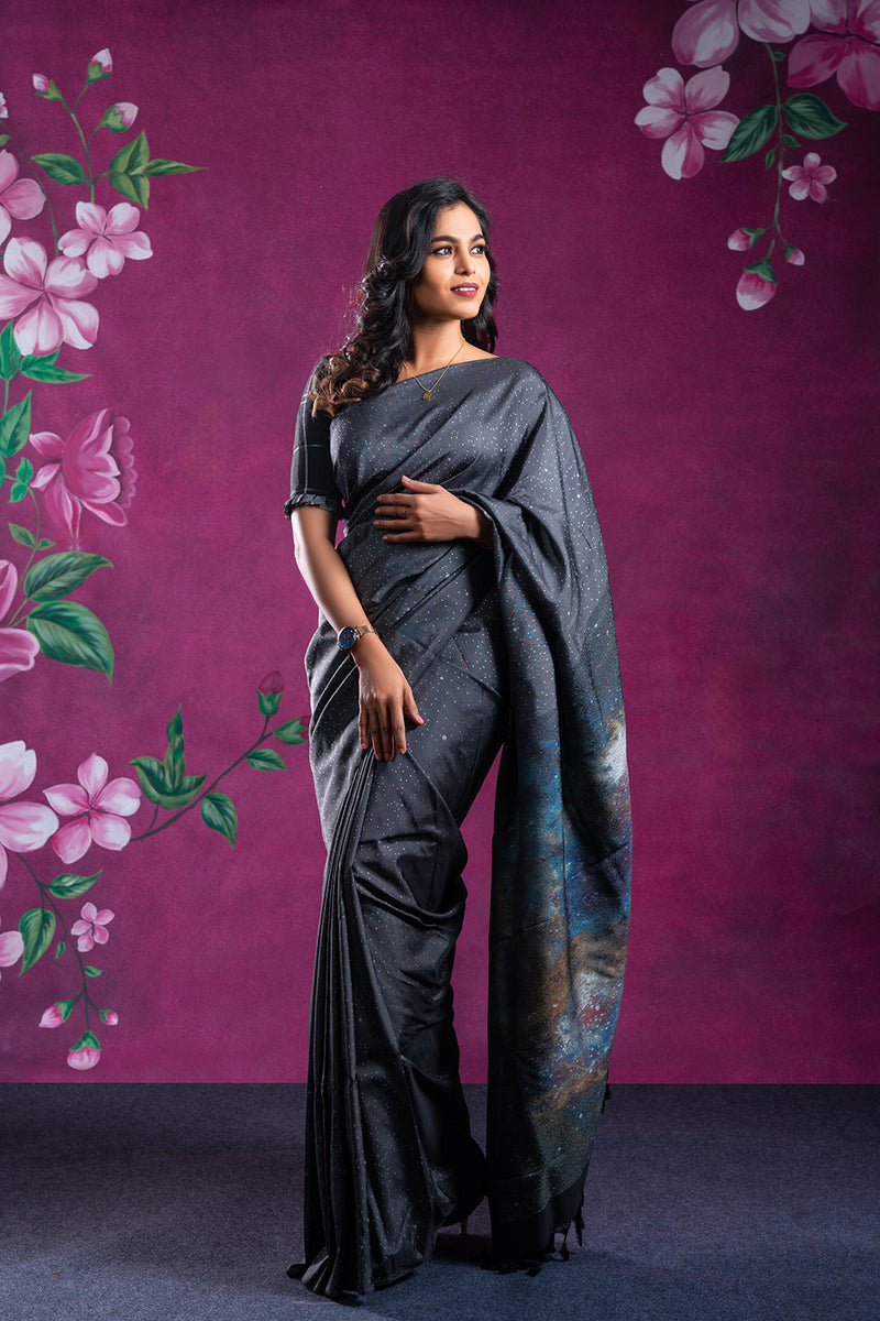 Black Silk Saree with Silver Zari Galaxy Pallu 