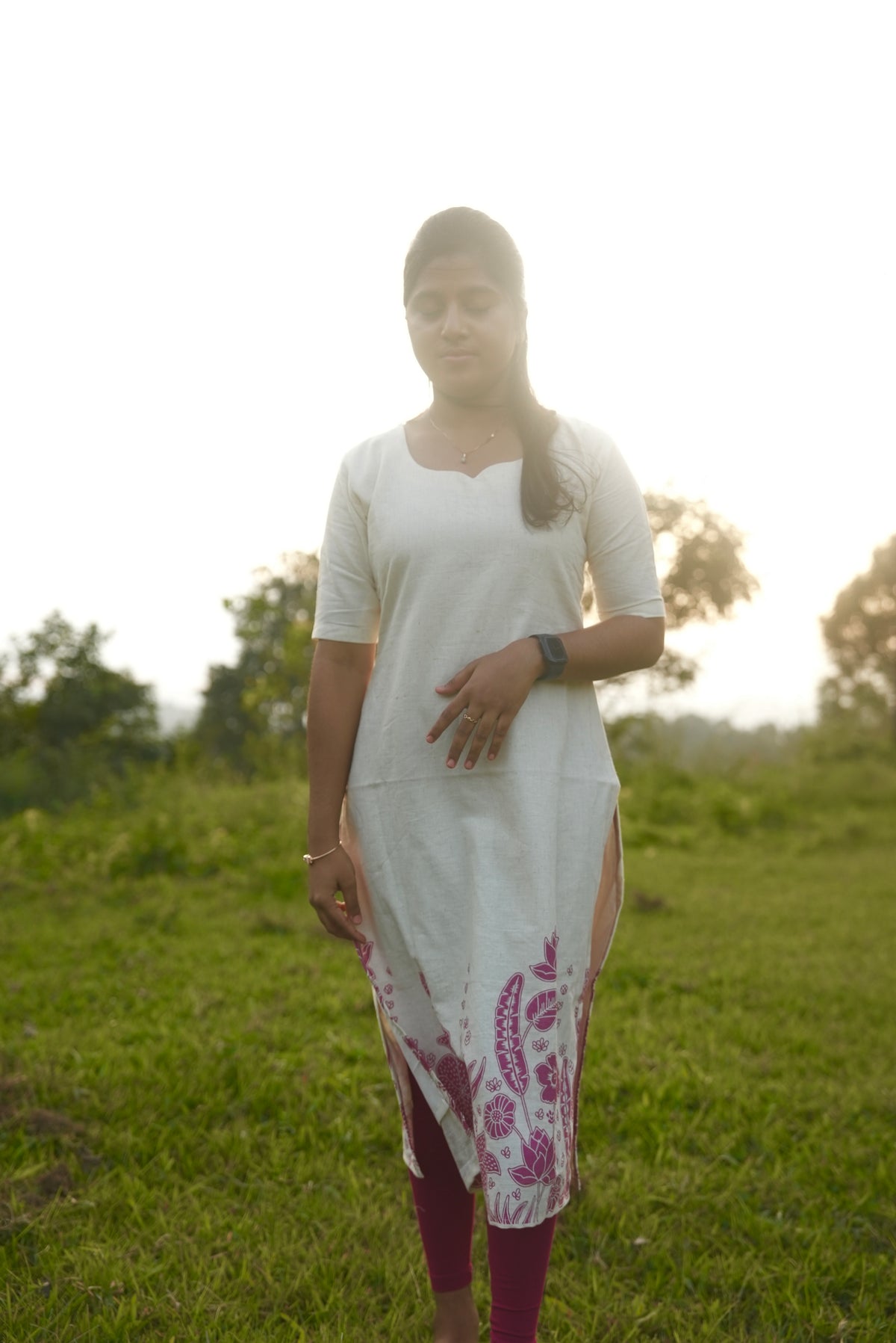 Hand painted white and violet cotton kurti