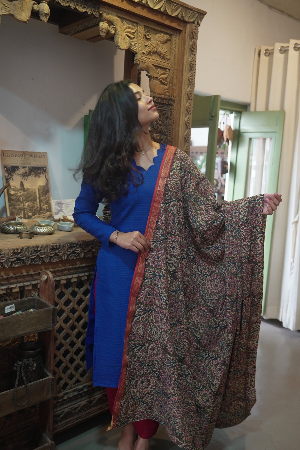 Pepsi Blue salwar set with printed shawl