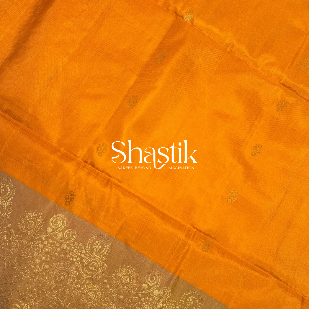 Handloom soft silk mustard saree with zari motifs
