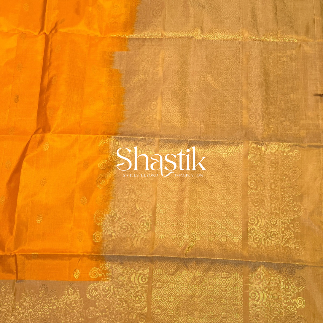 Handloom soft silk mustard saree with zari motifs

