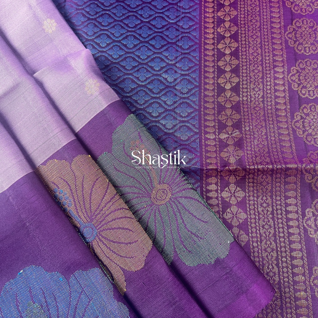 Hibiscus floral soft silk saree in purple hues