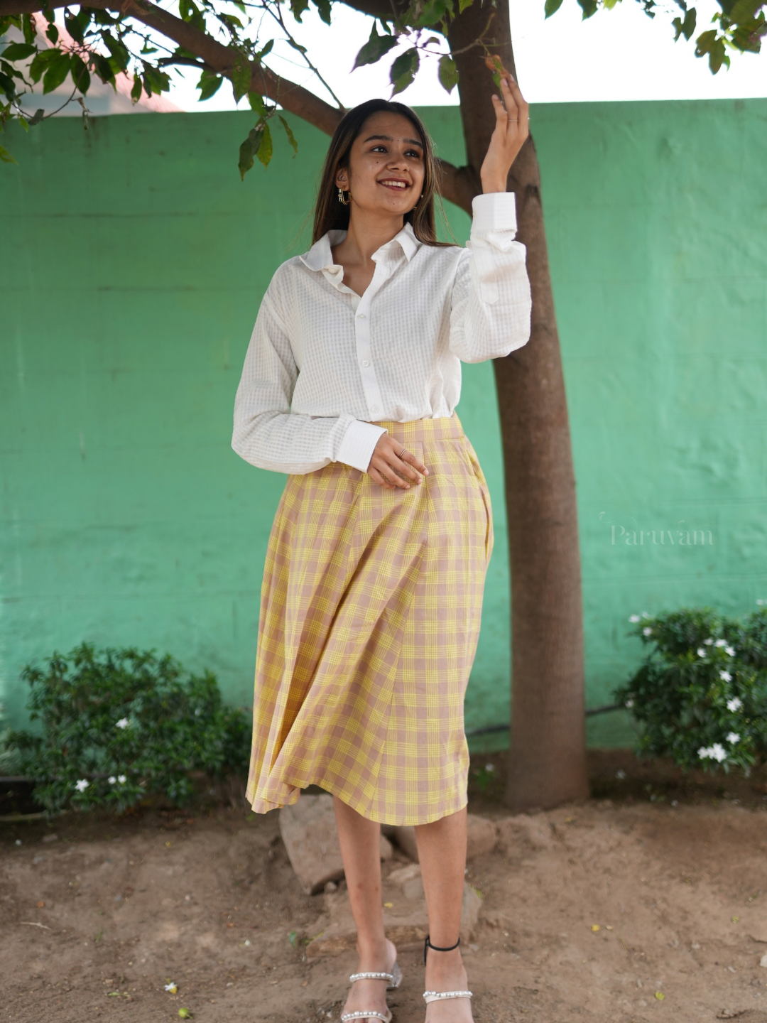White Shirt & Grey yellow Checked Skirt Set