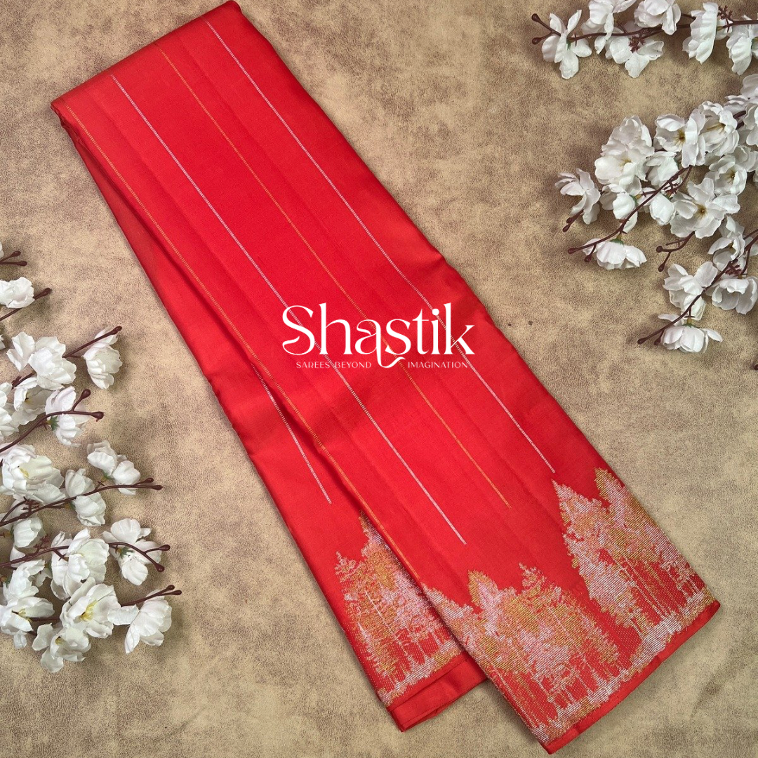 Pine forest silk saree in Scarlet red