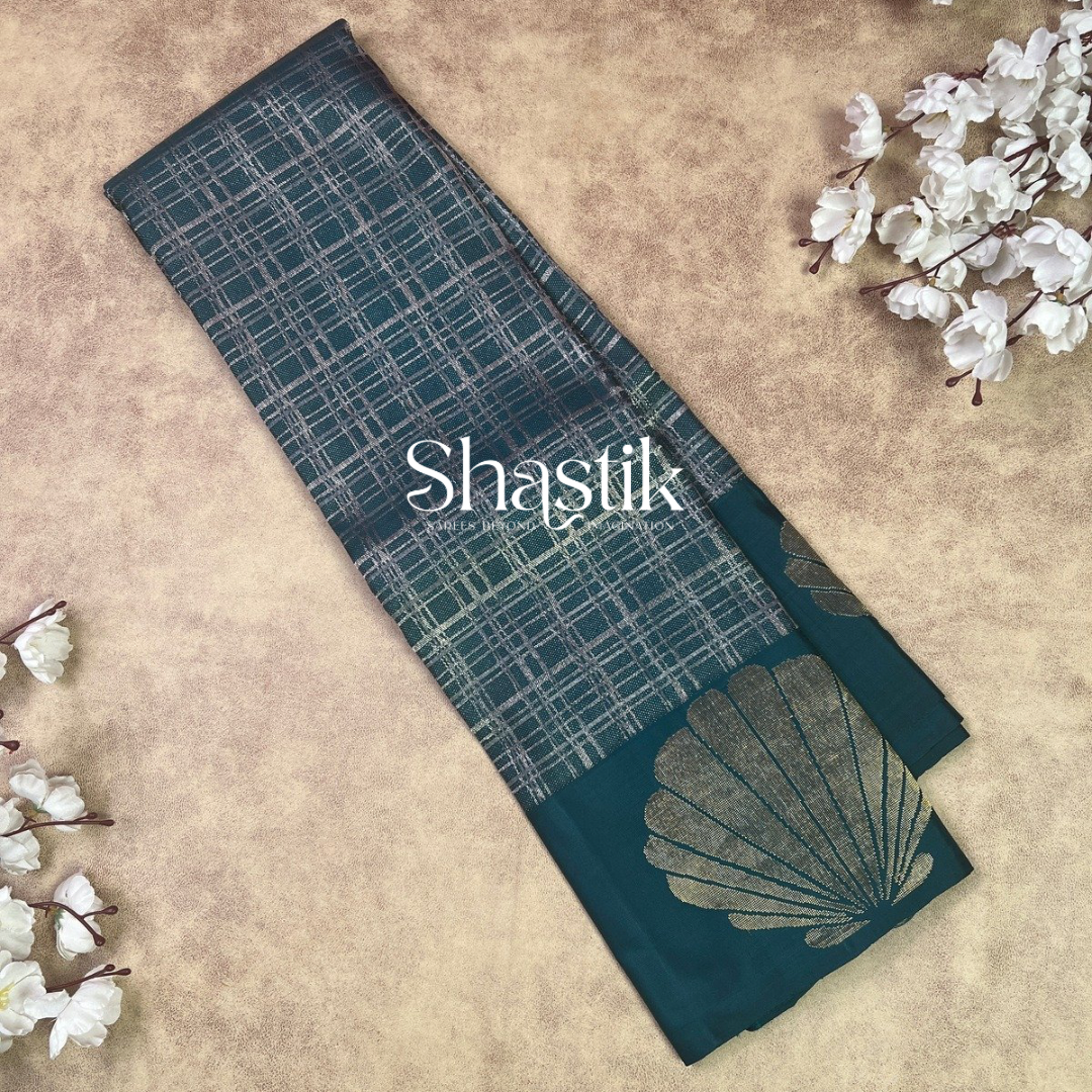 Shell with Hand drawn checks silk saree in Alpine green