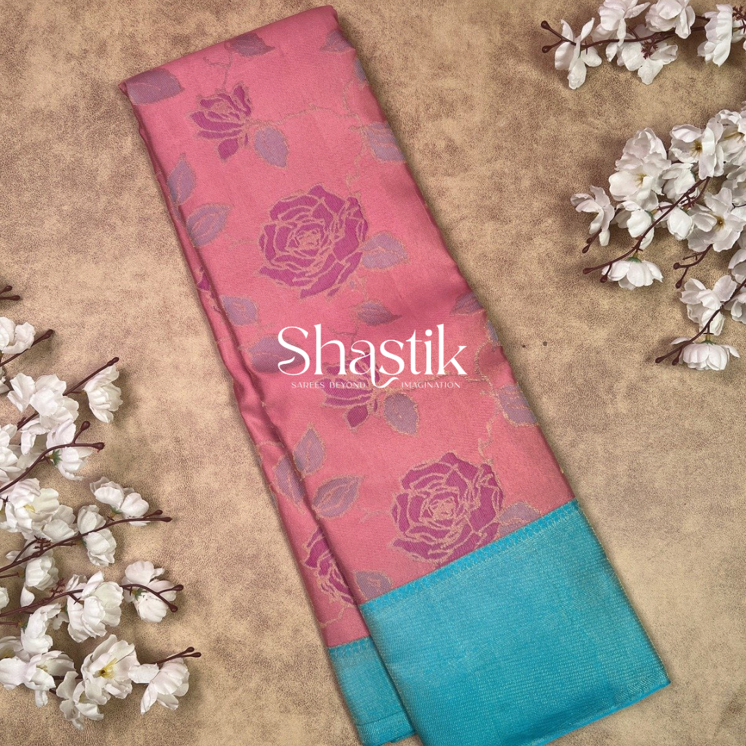 Climbing roses silk saree in pink and blue