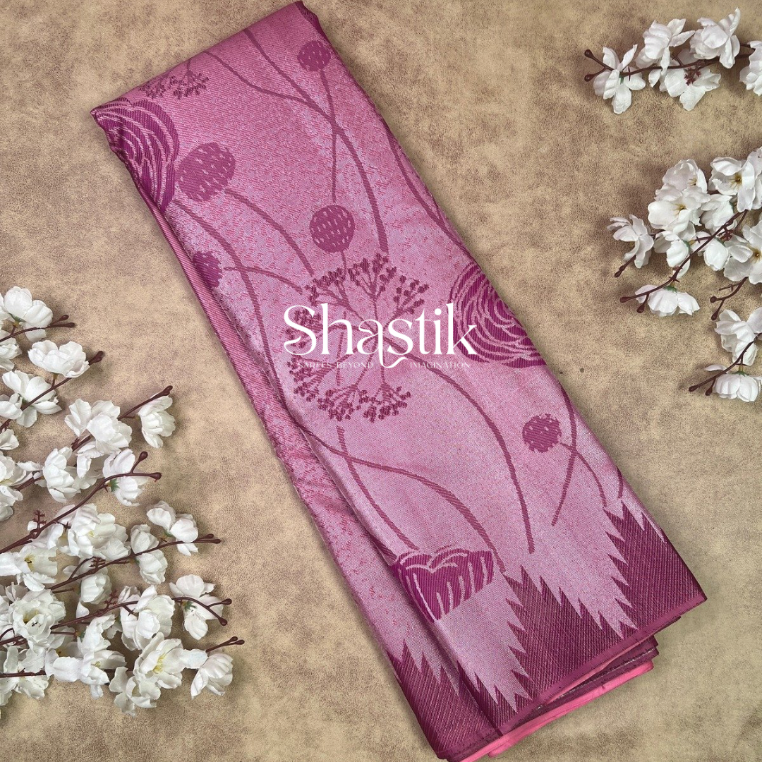 Garden Sunbirds silk saree in silver and dark plum