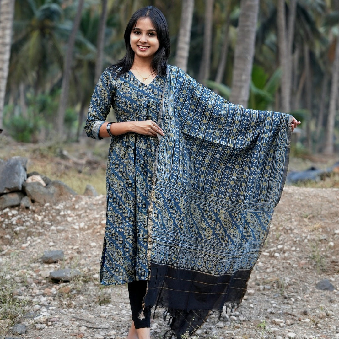 Ajrakh printed blue chanderi silk cotton set