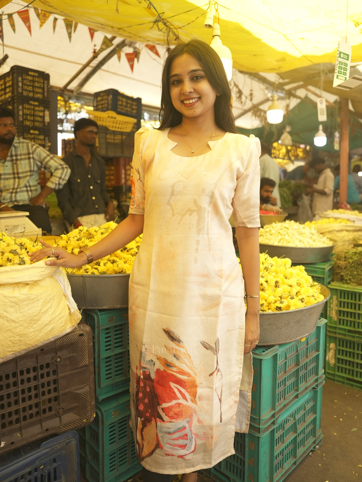 Ivory Linen Cotton Printed Kurti