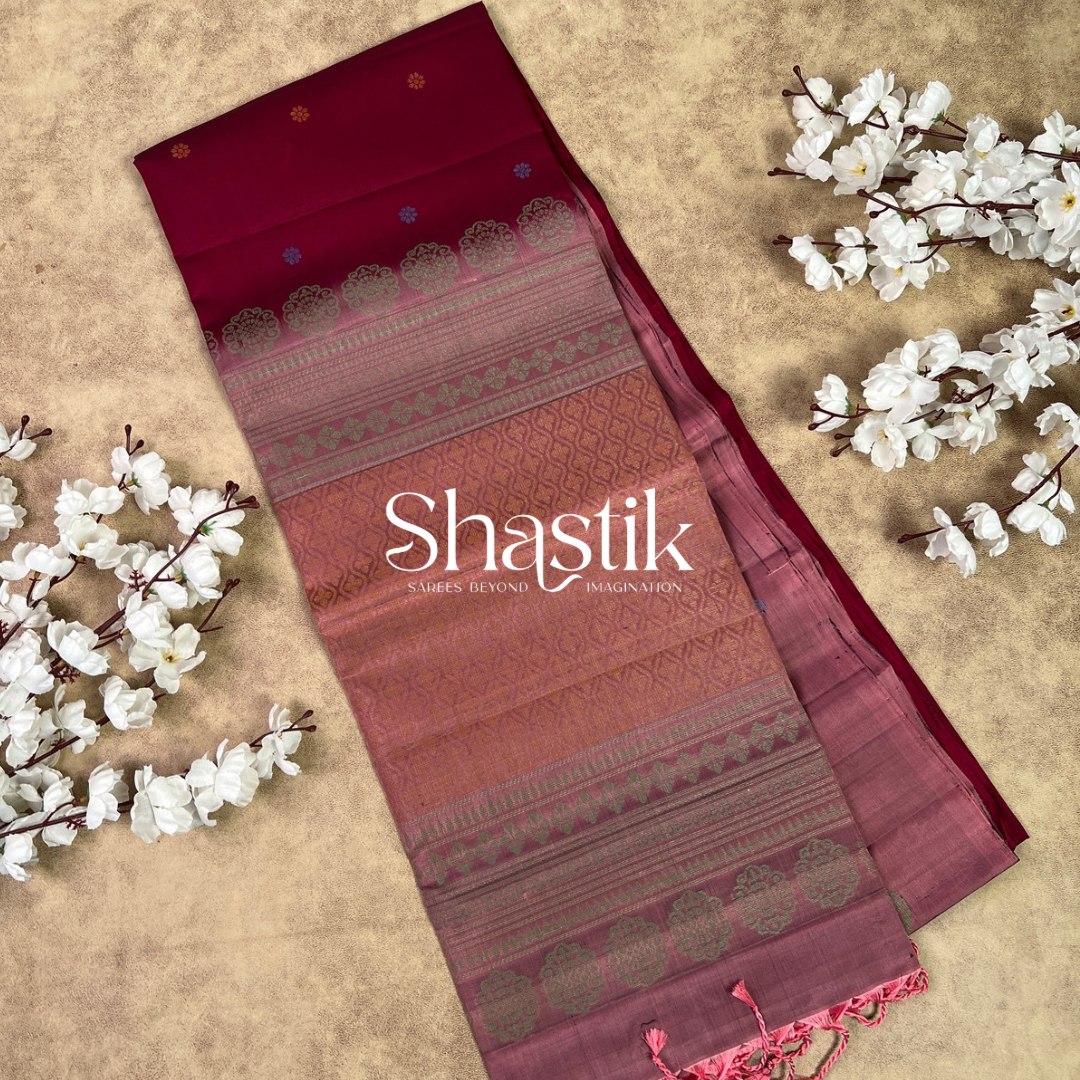 Ultra Maroon & Pastel Pink Soft Silk Saree with Butterflies

