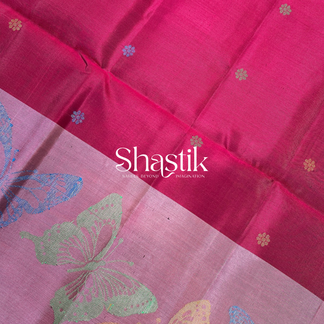Ultra Maroon & Pastel Pink Soft Silk Saree with Butterflies

