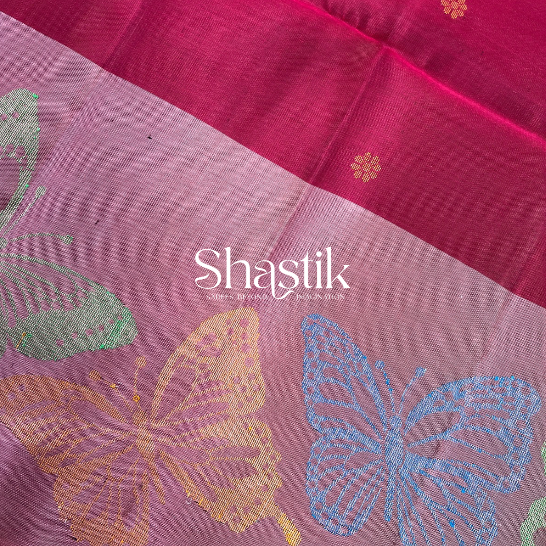 Ultra Maroon & Pastel Pink Soft Silk Saree with Butterflies

