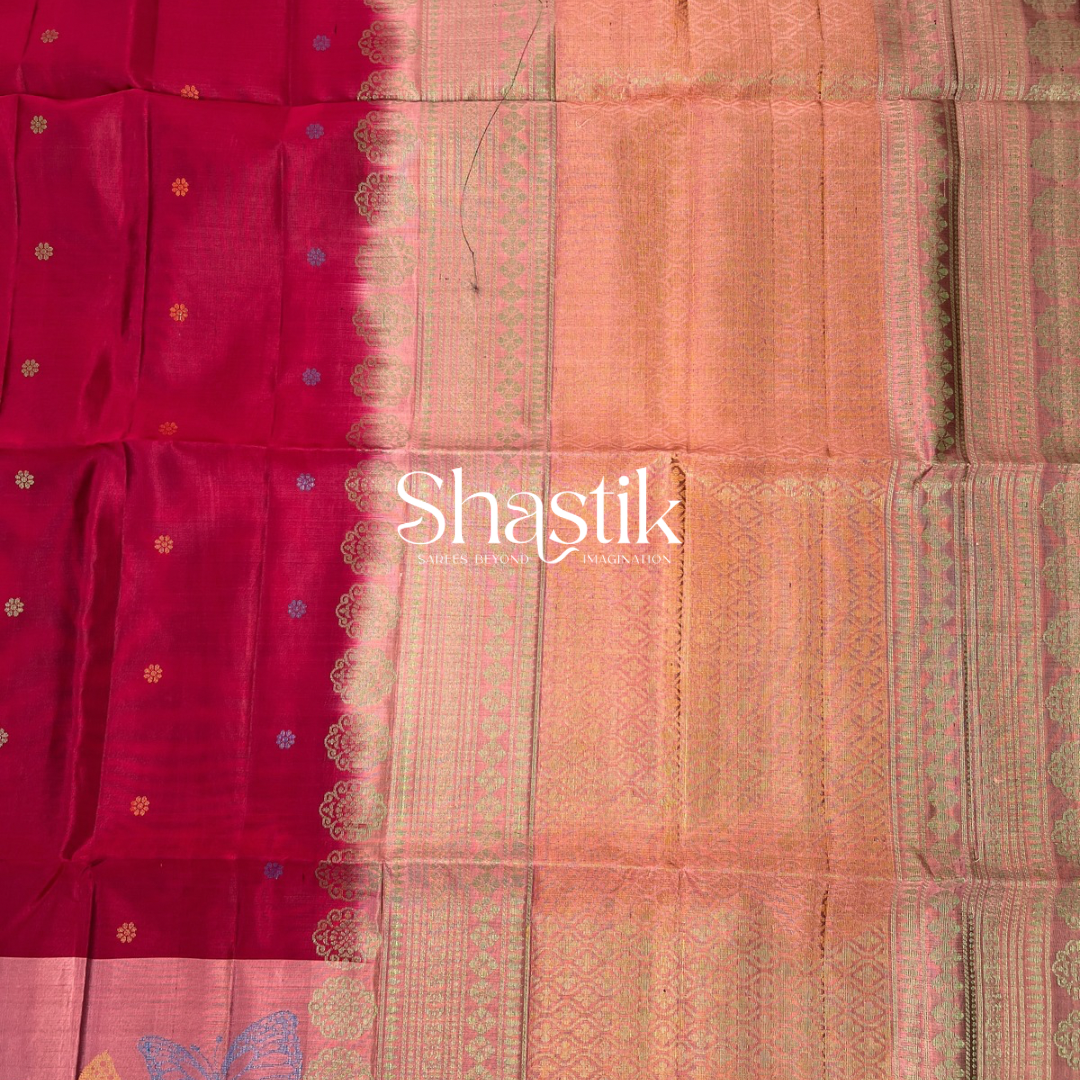 Ultra Maroon & Pastel Pink Soft Silk Saree with Butterflies

