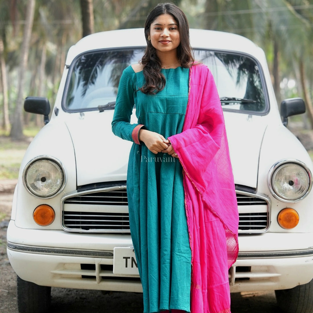 Mangalagiri Silk Cotton Anarkali with Shawl – Shastik Sarees