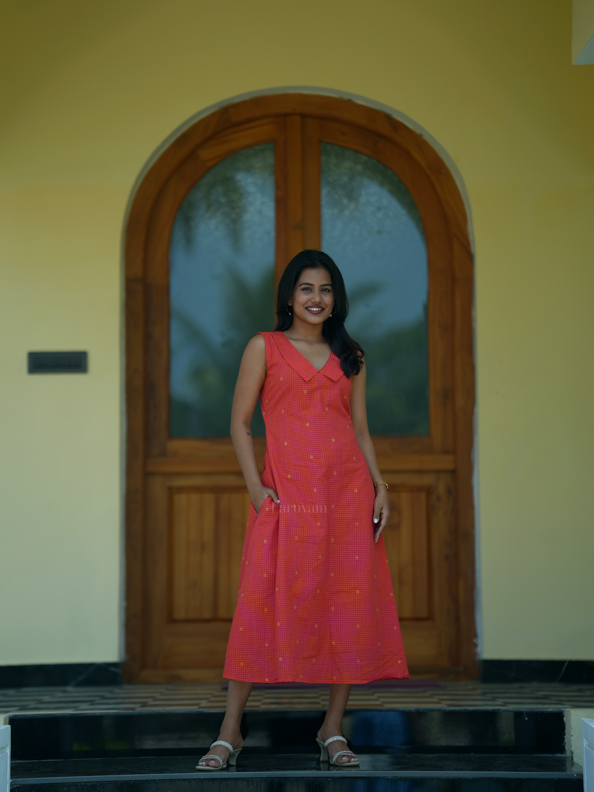 Orange mini checks collared A line dress
