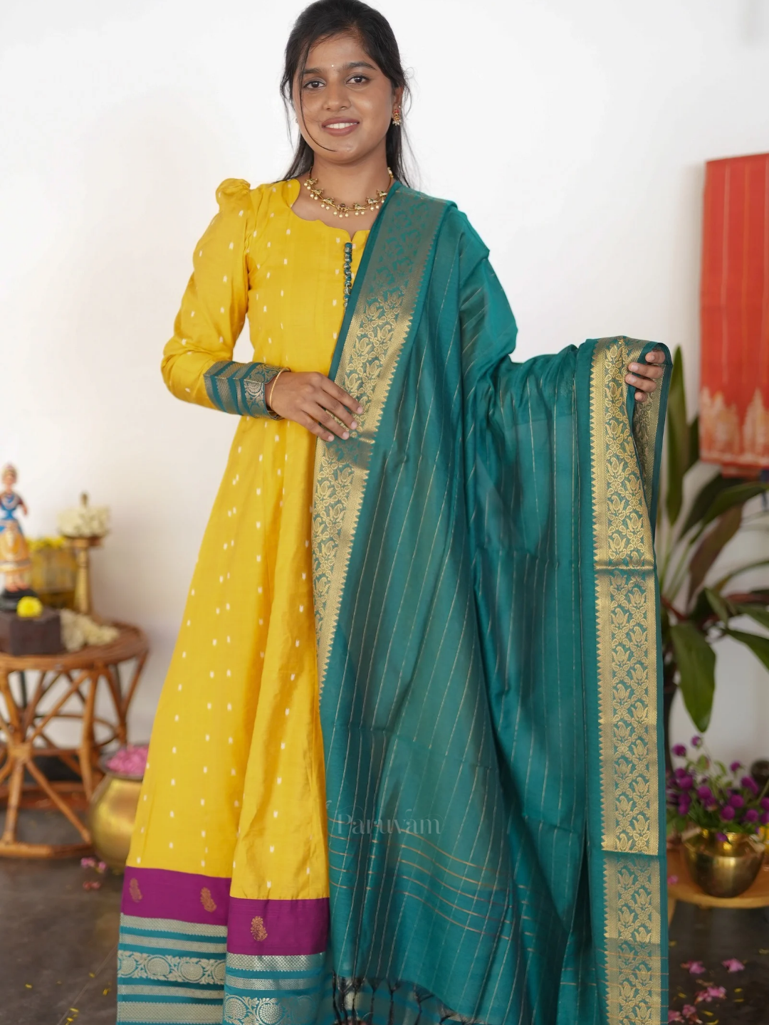 Manjal Veyil - Turmeric Yellow & Green Anarkali