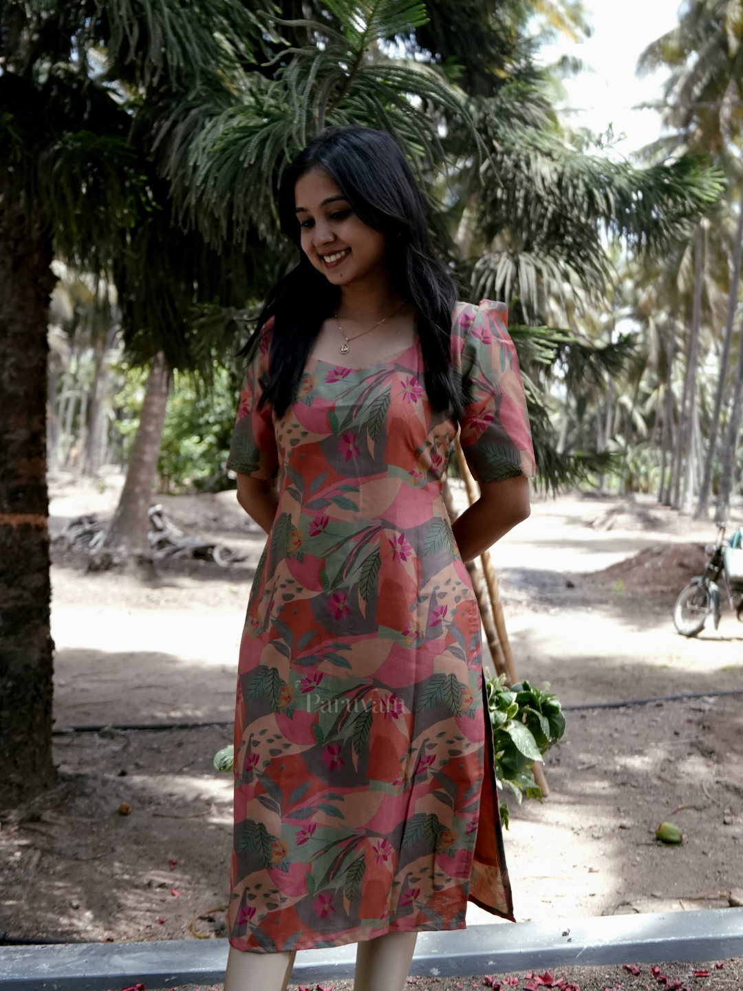 Floral Sapphire Linen Kurti in beige